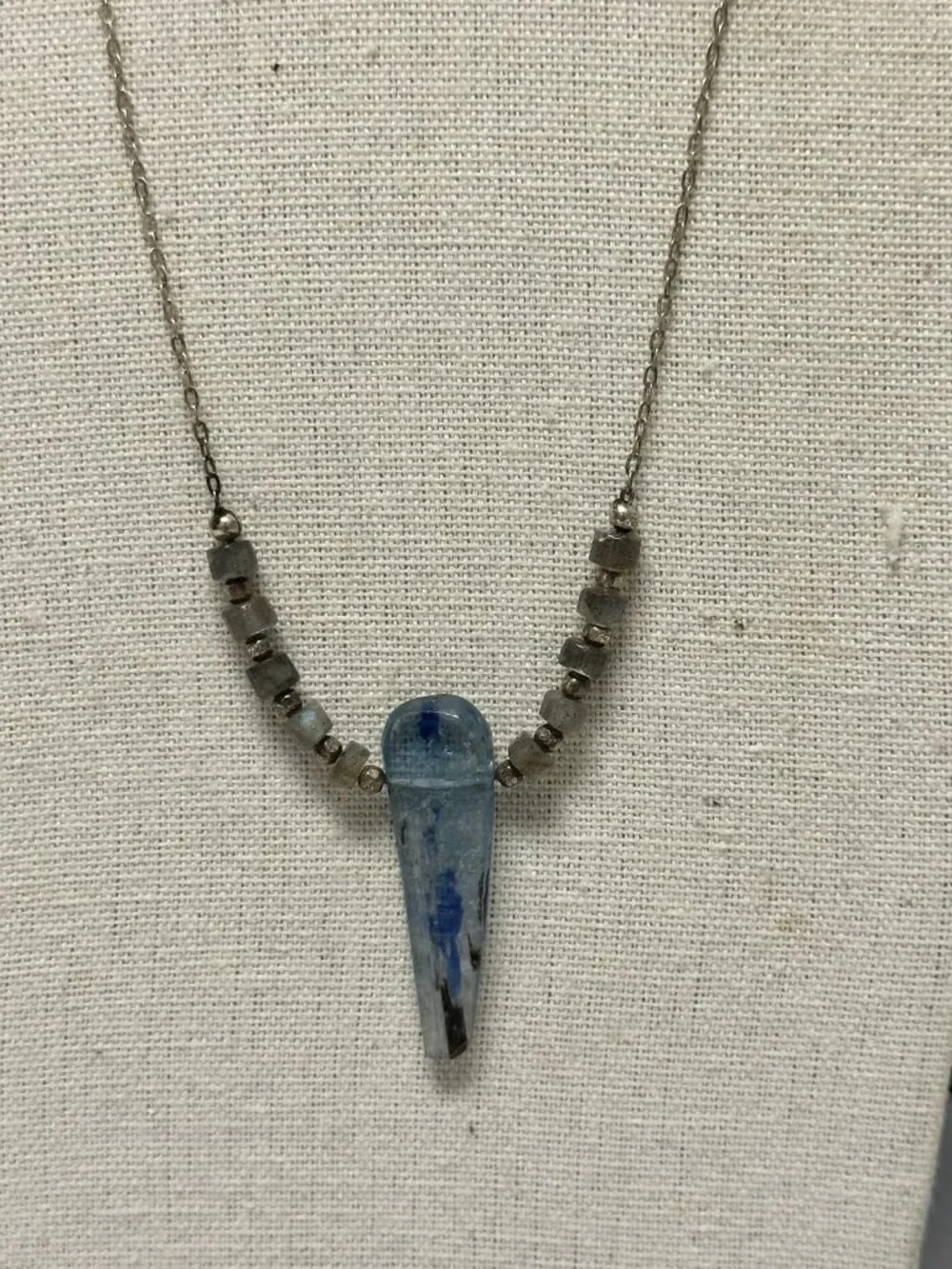 Kyanite Pendant Necklace Sterling Silver Blue Stone Beaded Chain Artisan
